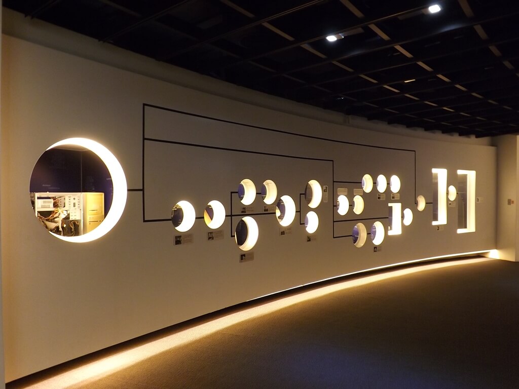 台塑企業文物館的圖片：每個圈圈內都可以看到不同的電腦零組件